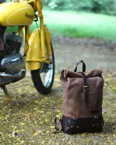 Leather Backpack Pannier Classic Roll Top Brown Trip Machine